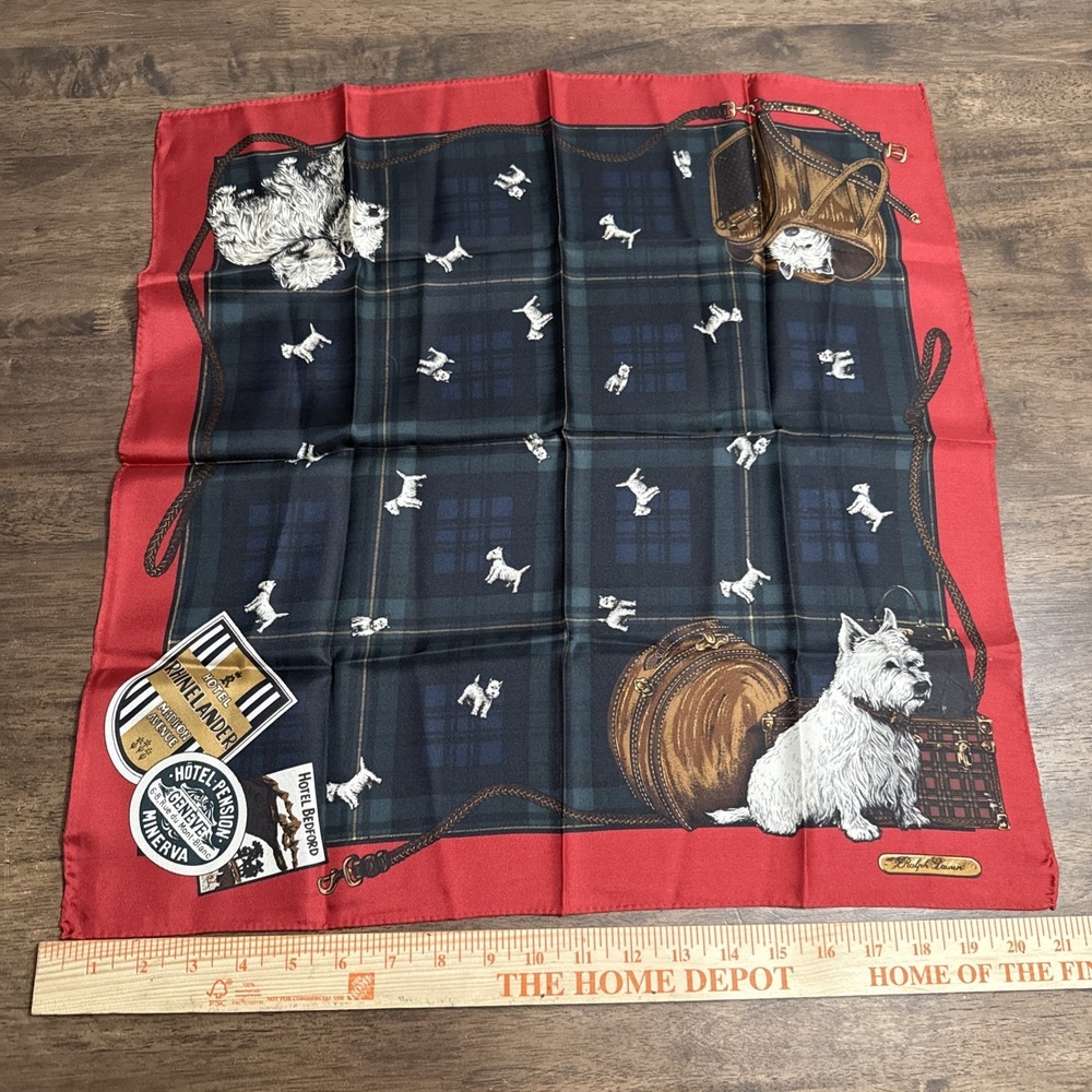 VTG Ralph Lauren Silk Scarf Terrier Dog Plaid Scottie Travel Theme Hotel 21" - Picture 9 of 9